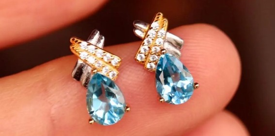 Boucles d’Oreilles Ovales – Argent 925 – Topaze Bleue & Strass Facettée AA