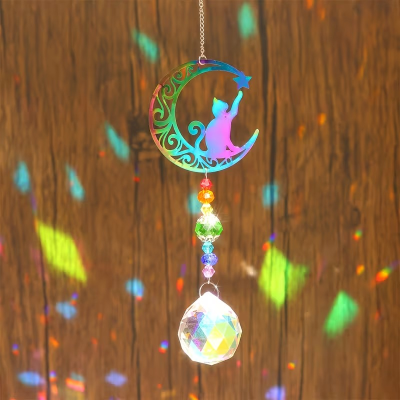 Attrape-soleil en Cristal avec Chat en Métal & Étoile Magique