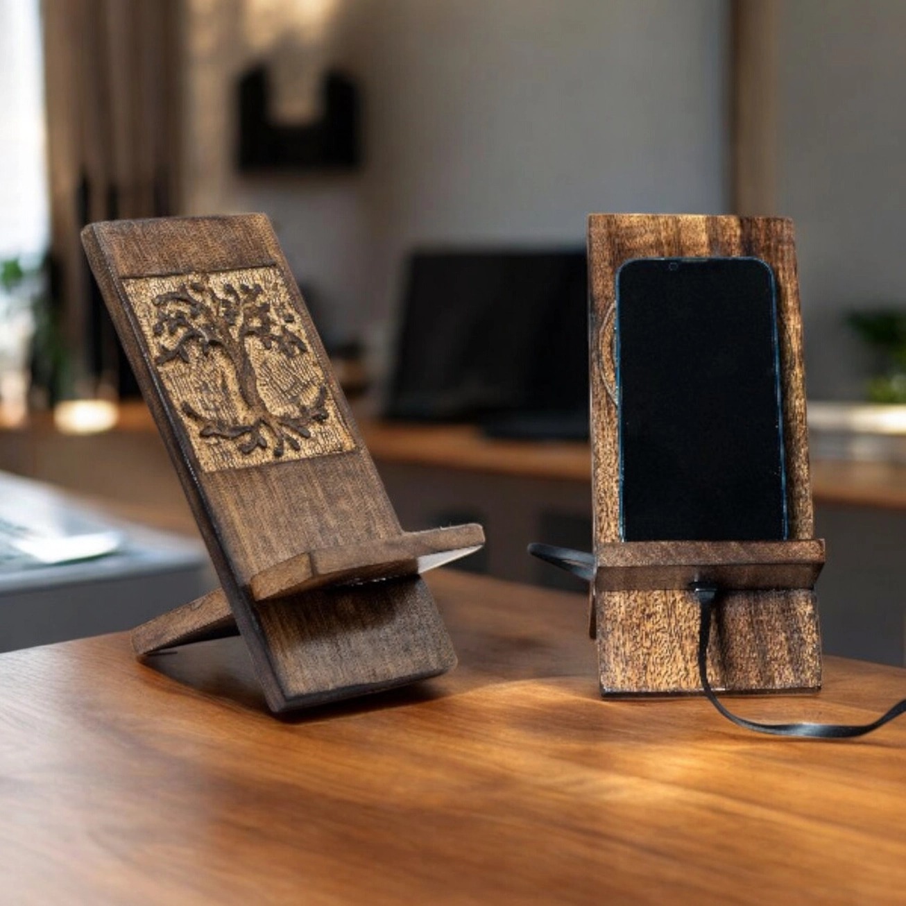 Support pour téléphone en bois sculpté – Bouddha